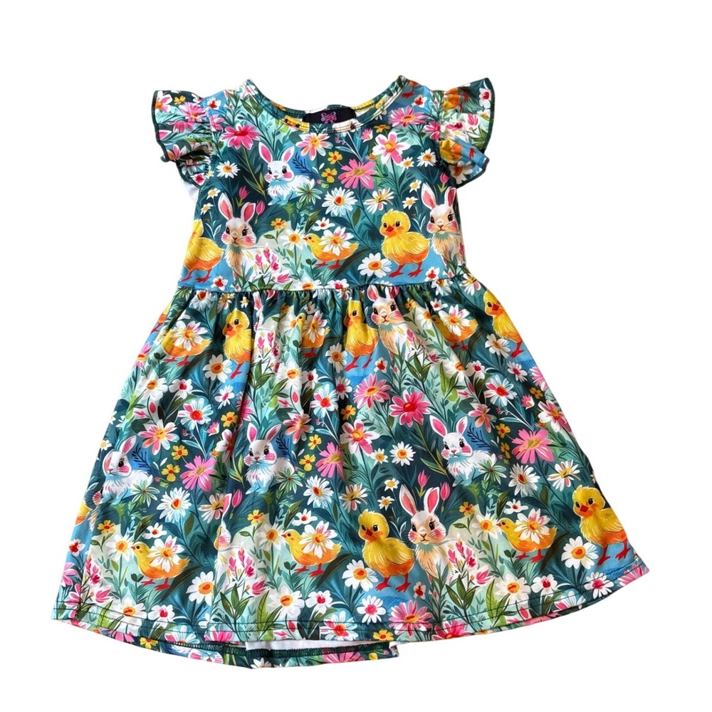Bowtism Flutter Sleeve Dress Kids Teal Easter Bunny Chick Floral SIZE 3T